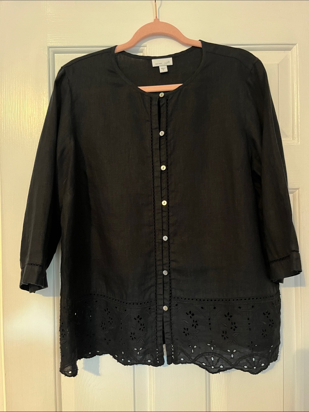 J. Jill Love Linen Black Button-Front Eyelet Hem Blouse